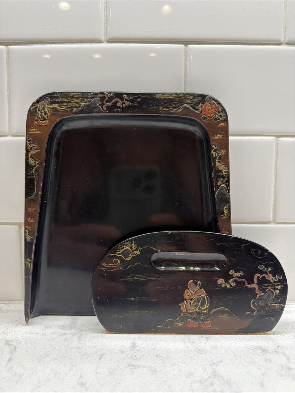 Vintage Antique Chinese Wooden Crumb Pan Tray Wood Scraper Set Black Lacquer